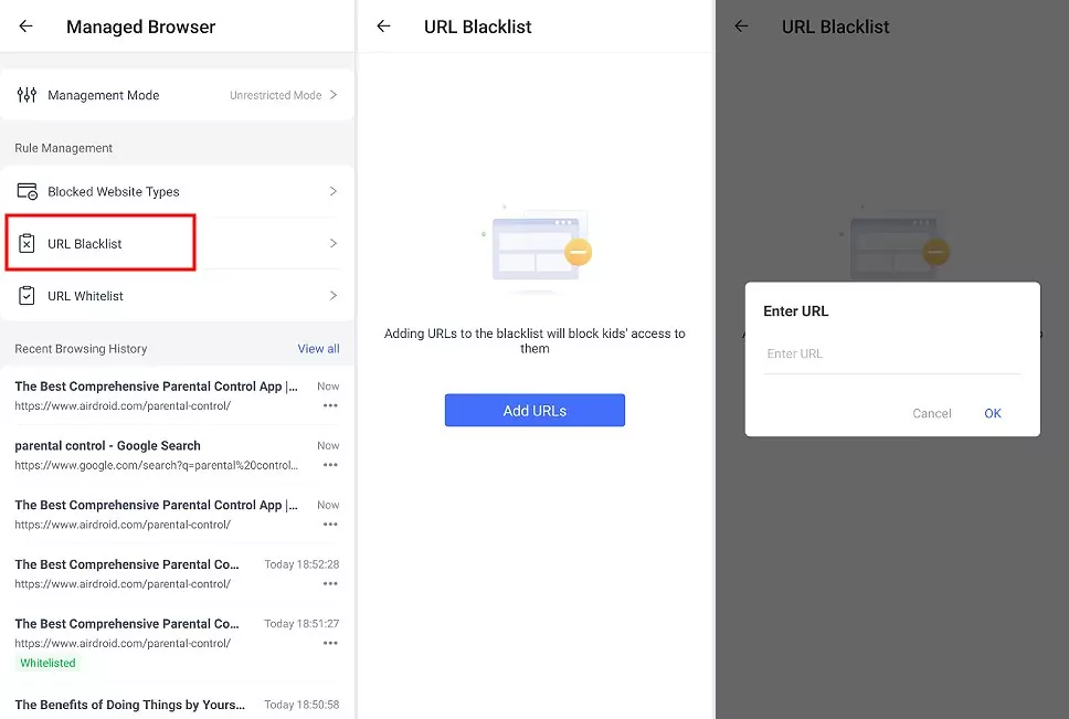 AirDroid Browser add URLs to blacklist
