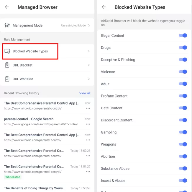 AirDroid Browser blocked website types