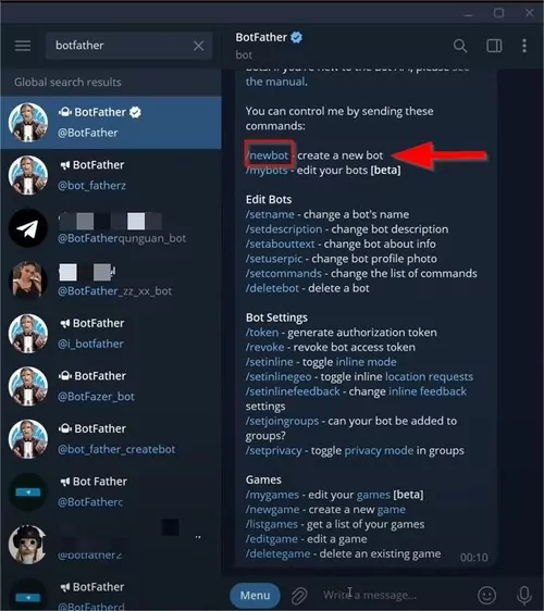 type command to introduce new bot on Telegram